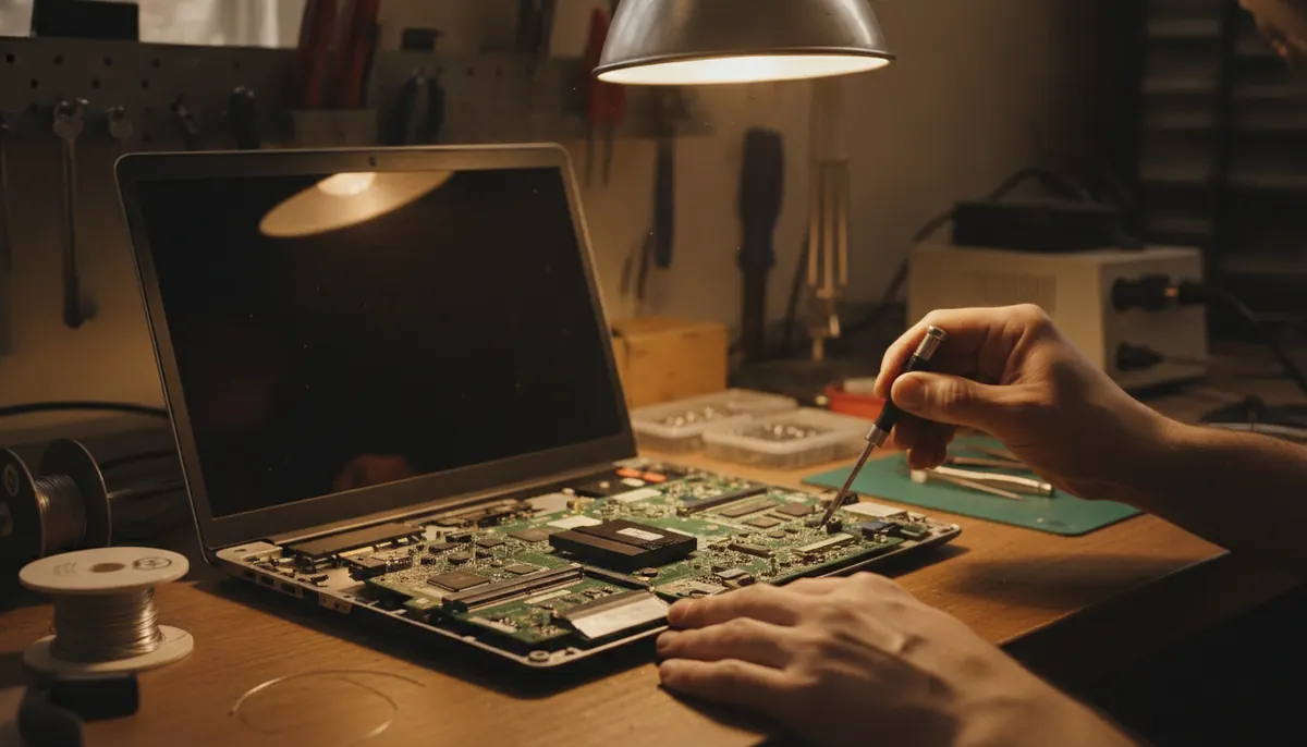 Técnico reparando la placa base de un portátil en el taller