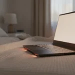 Portátil encendido sobre una cama, con la ventilación bloqueada por el edredón