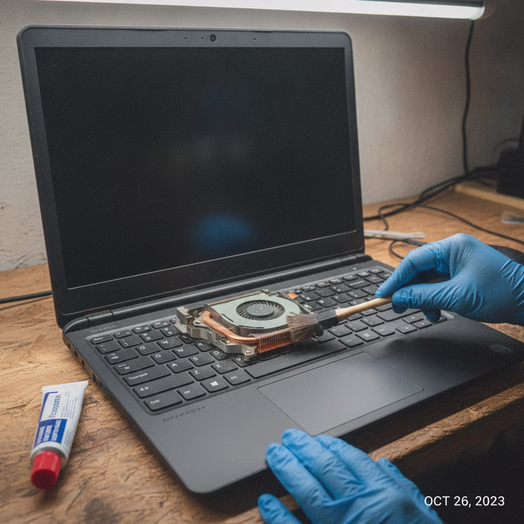 Técnico limpiando el ventilador y el disipador de un portátil para solucionar el sobrecalentamiento