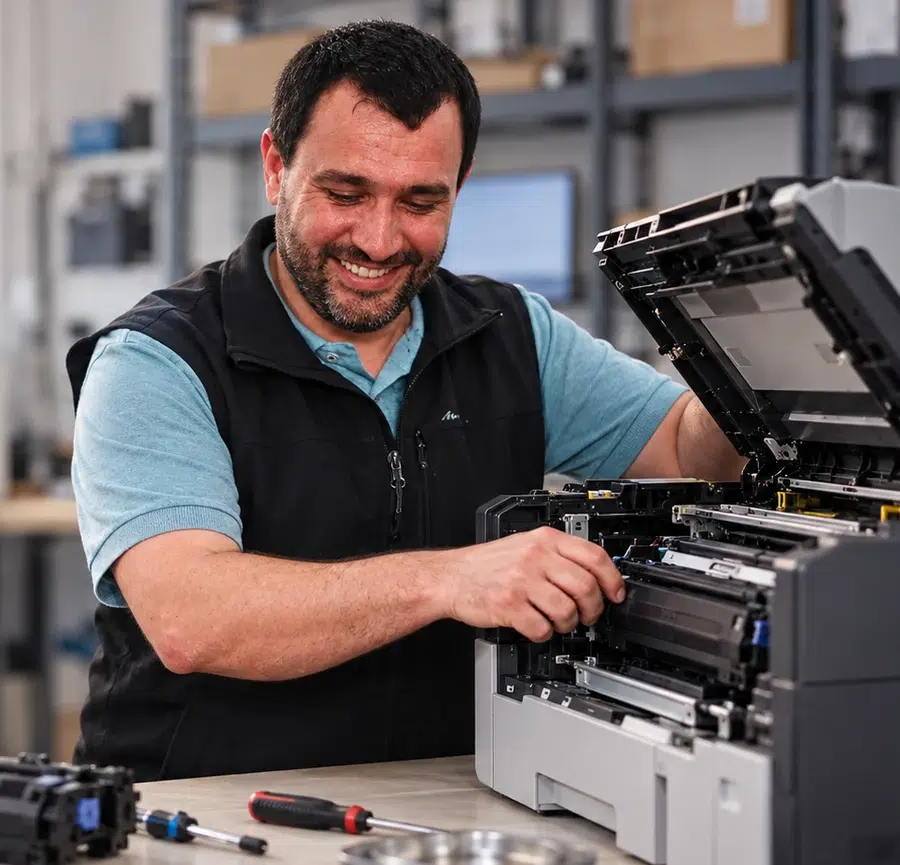 Técnico reparando una impresora abierta en el taller