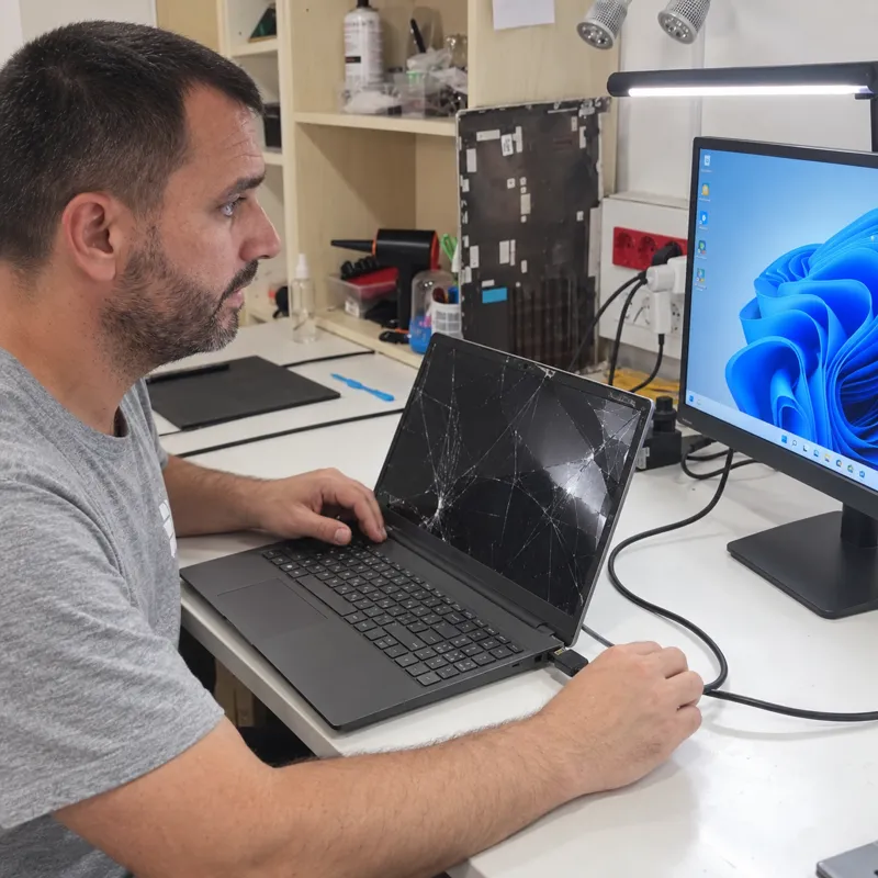 Técnico conectando un portátil con la pantalla rota a un monitor externo para diagnosticar la avería